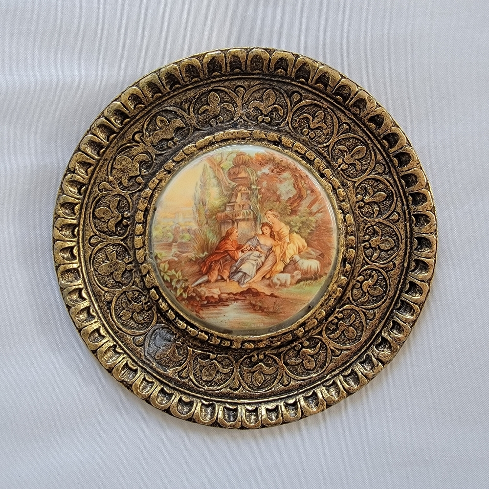SOLD--Victorian Mid Century French 24 Karat Gold Framed Porcelain Wall Hanging